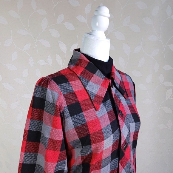 Vintage 60s 70s Buffalo Plaid Dagger Collar Handmade Popover Tunic Top Red Gray - Picture 9 of 16